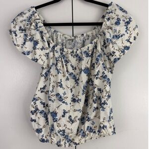 A New Day Womens Blue Floral Off Shoulder Puff Sleeve Blouse White Medium